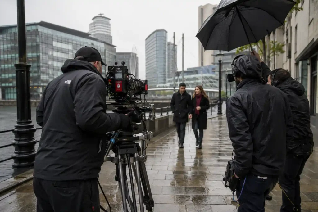 A film crew operating a cinema camera on a Manchester city-centre street, A sound recordist monitoring audio levels during a corporate interview shoot, An aerial drone capturing the MediaCityUK waterfront in Salford Quays
