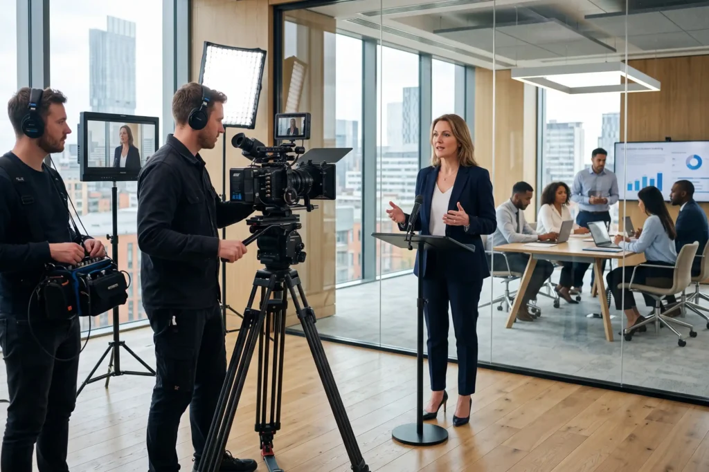 Camera operator filming a corporate executive presentation in a Manchester office, corporate video production, commercial video production, brand film production