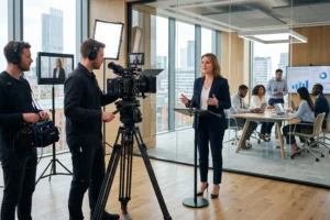 Camera operator filming a corporate executive presentation in a Manchester office, corporate video production, commercial video production, brand film production