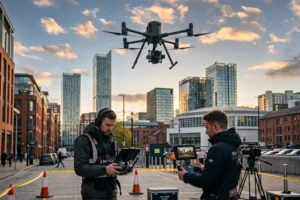 Dual-operator drone camera team filming a commercial scene in Manchester city centre, drone videography in Manchester, aerial cinematography, UAV services