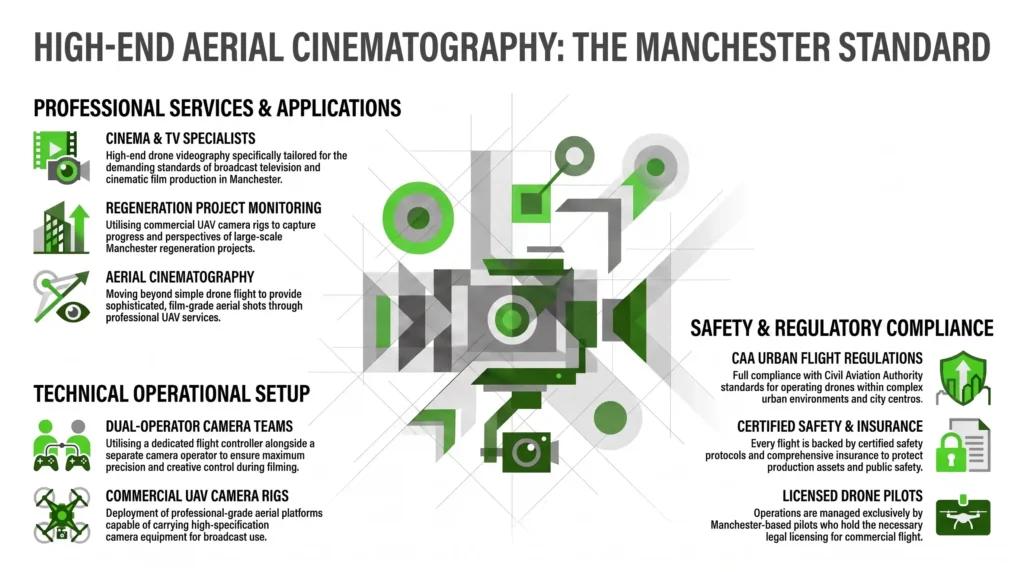drone videography in Manchester, aerial cinematography, UAV services, drone filming compliance, CAA urban flight regulations, Manchester drone pilots, aerial video production, broadcast drone camera