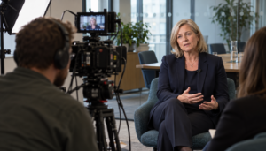 Senior director recording executive messaging for an internal change management video in a studio