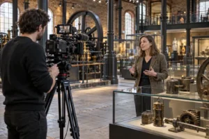 Cinematographer filming an exhibit inside a historic museum gallery, heritage video production, archive documentary film, heritage and archive documentary production for museums tourism and place-making organisations in the UK